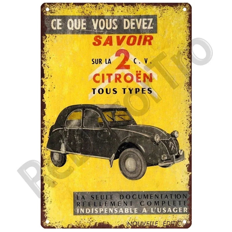 Plaque en métal vintage – Citroën 2CV manuelle (jaune)
