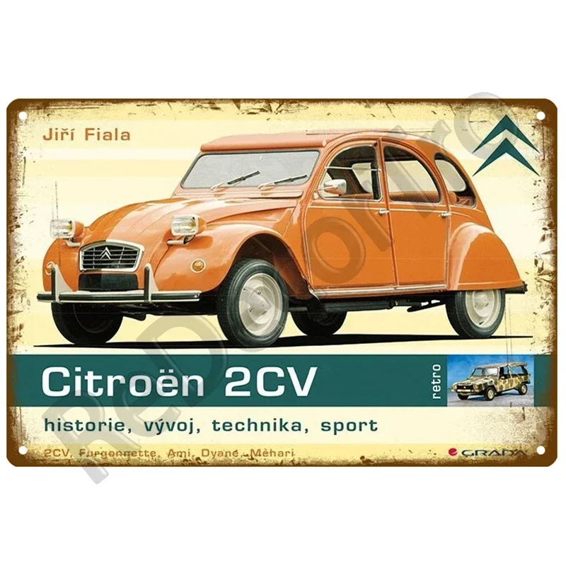 Retro Metal Sign – Citroën 2CV Orange – Classic French Car Wall Decoration