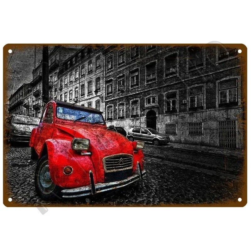 Metal Wall Sign Citroën 2CV – Red Classic in Black and White Street Scene
