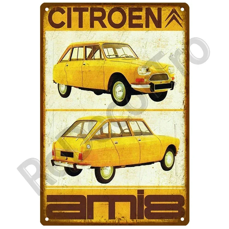 Retro Metalen Wandbord – Citroën Ami 8 in Geel (Dubbel Zicht)