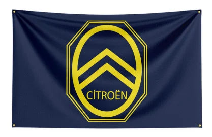 Retro Citroën Vlag met Oud Geel Logo – Vintage Auto Decoratie voor Garage of Mancave