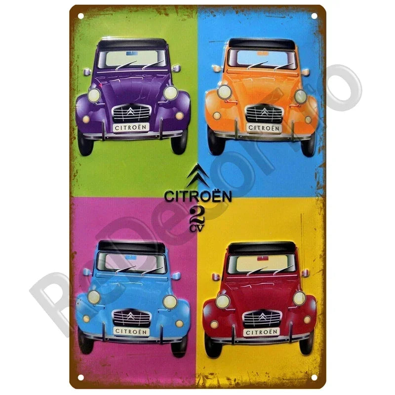 Plaque Métal Vintage – Citroën 2CV Pop-Art | Décoration murale rétro colorée