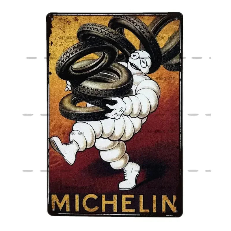 Vintage Metalen Wandbord – Michelin Man met Banden – Retro Garage Decor