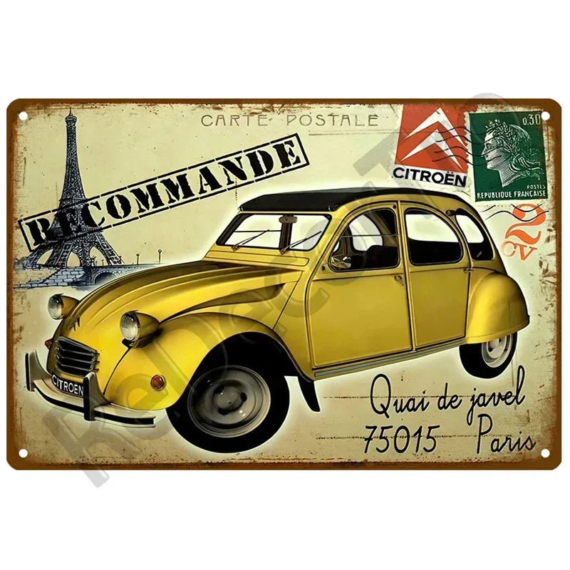 Plaque en métal vintage – Citroën 2CV jaune style carte postale parisienne