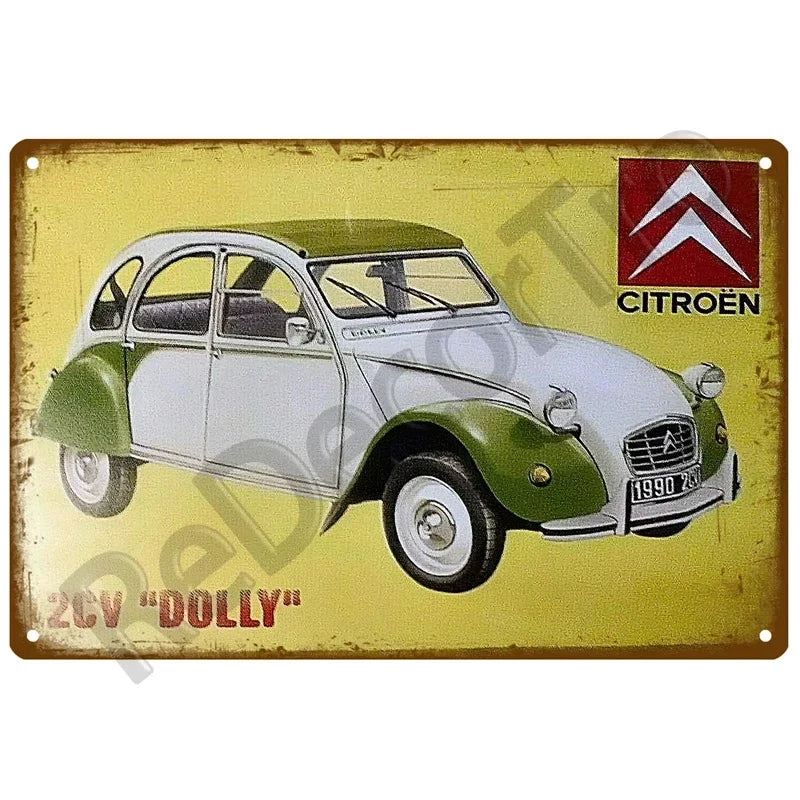 Plaque murale vintage en métal – Citroën 2CV « Dolly » Vert/Blanc – Design français classique