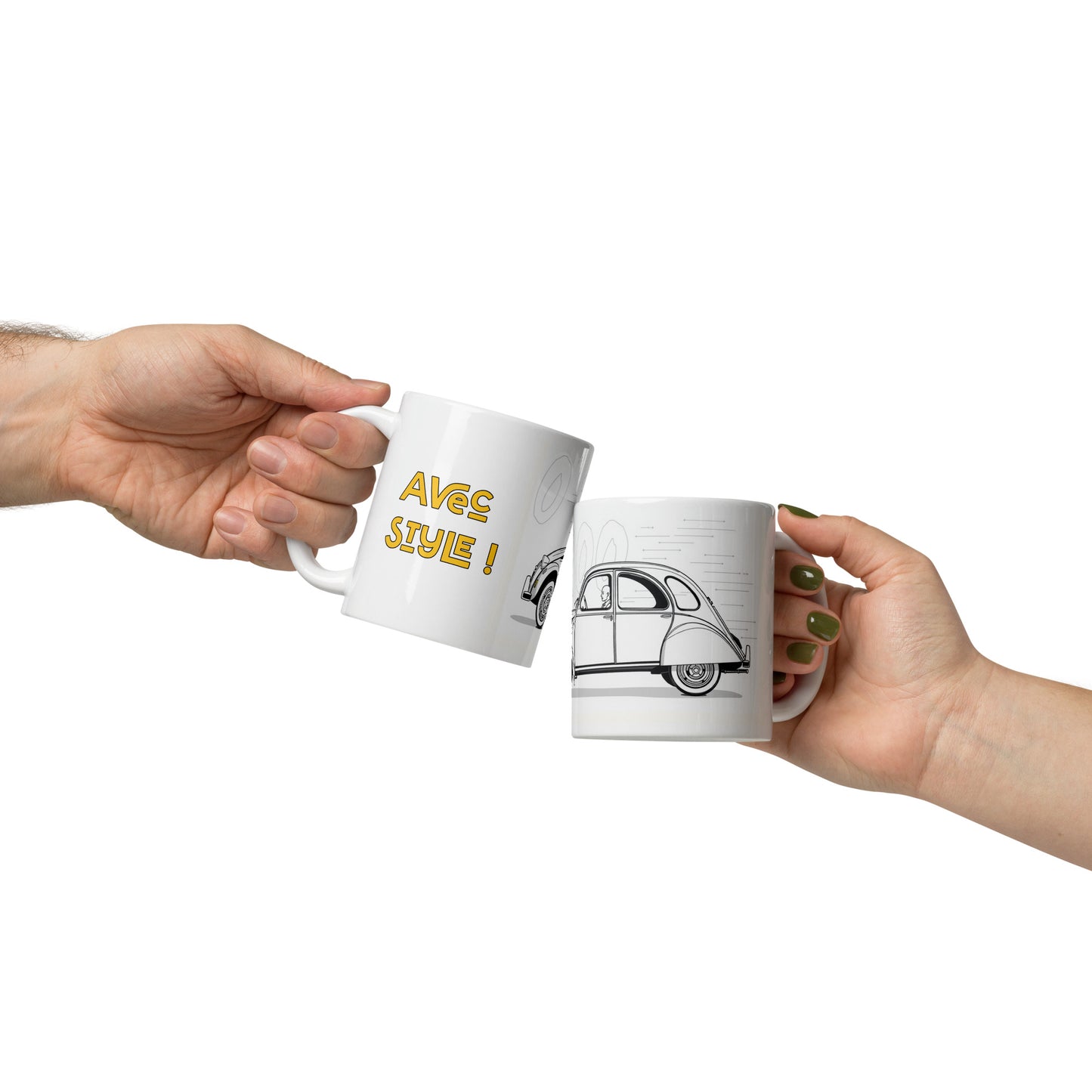 Witte Glanzende Mok "0-100 km/h avec Style" met Citroën 2CV Illustratie – 300 ml