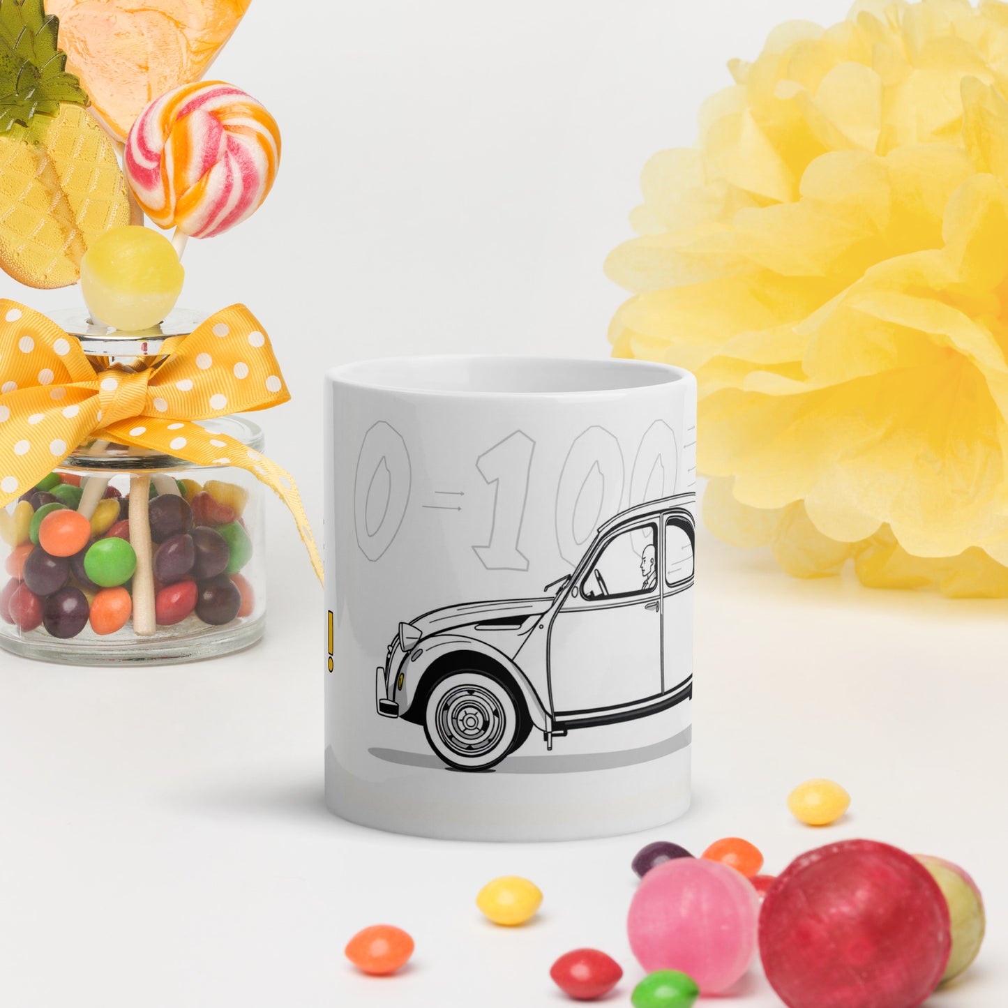 Witte Glanzende Mok "0-100 km/h avec Style" met Citroën 2CV Illustratie – 300 ml