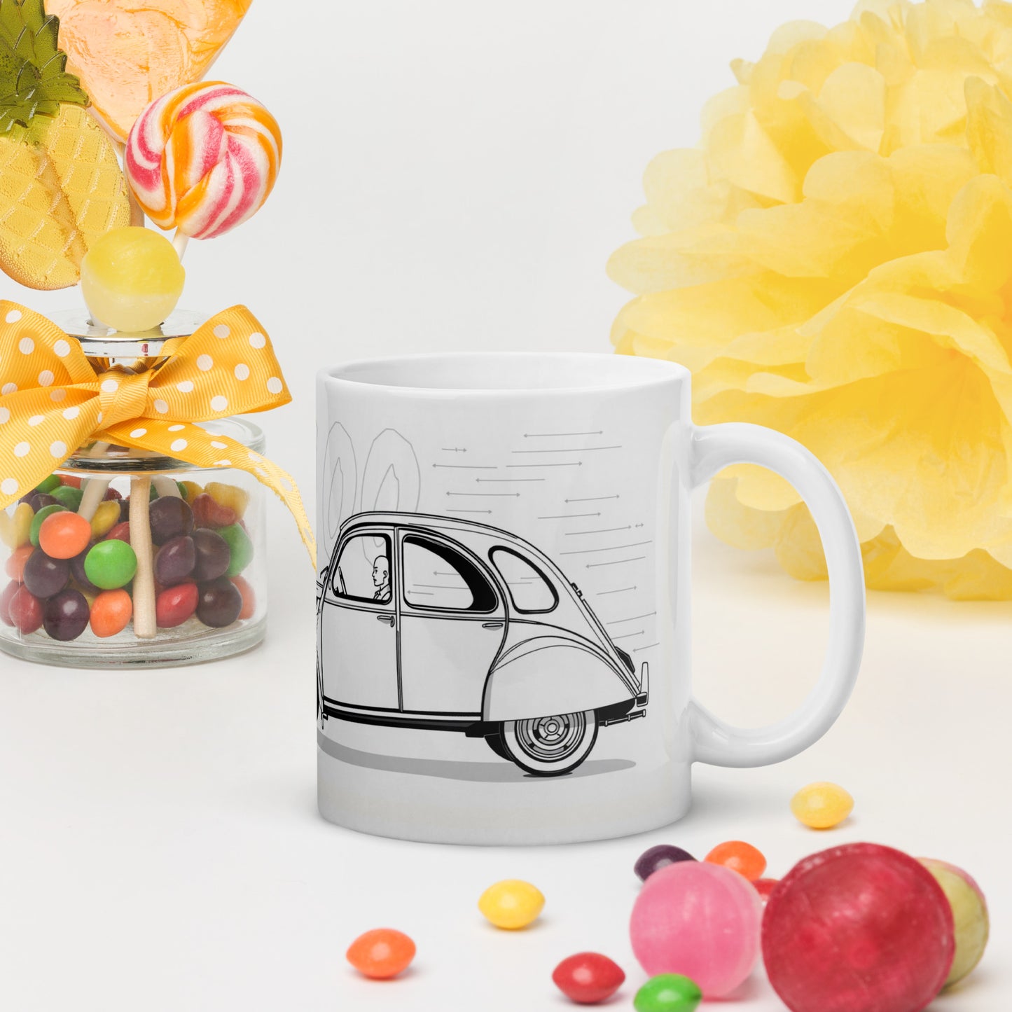 Witte Glanzende Mok "0-100 km/h avec Style" met Citroën 2CV Illustratie – 300 ml