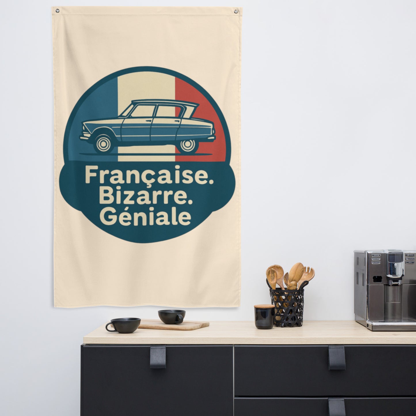 🖼️ Française. Bizarre. Géniale. – Spandoek voor aan je muur