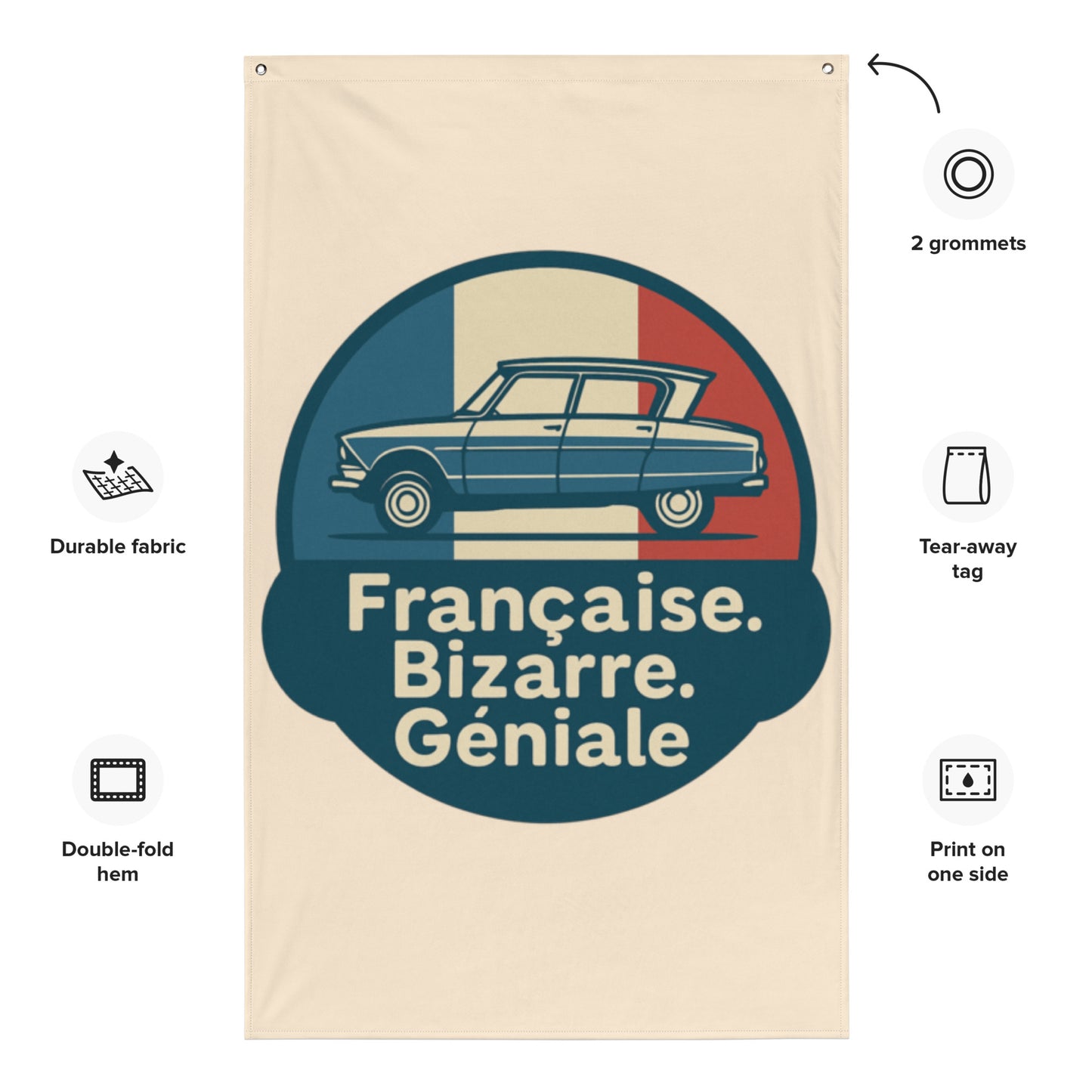 🖼️ Française. Bizarre. Géniale. – Spandoek voor aan je muur