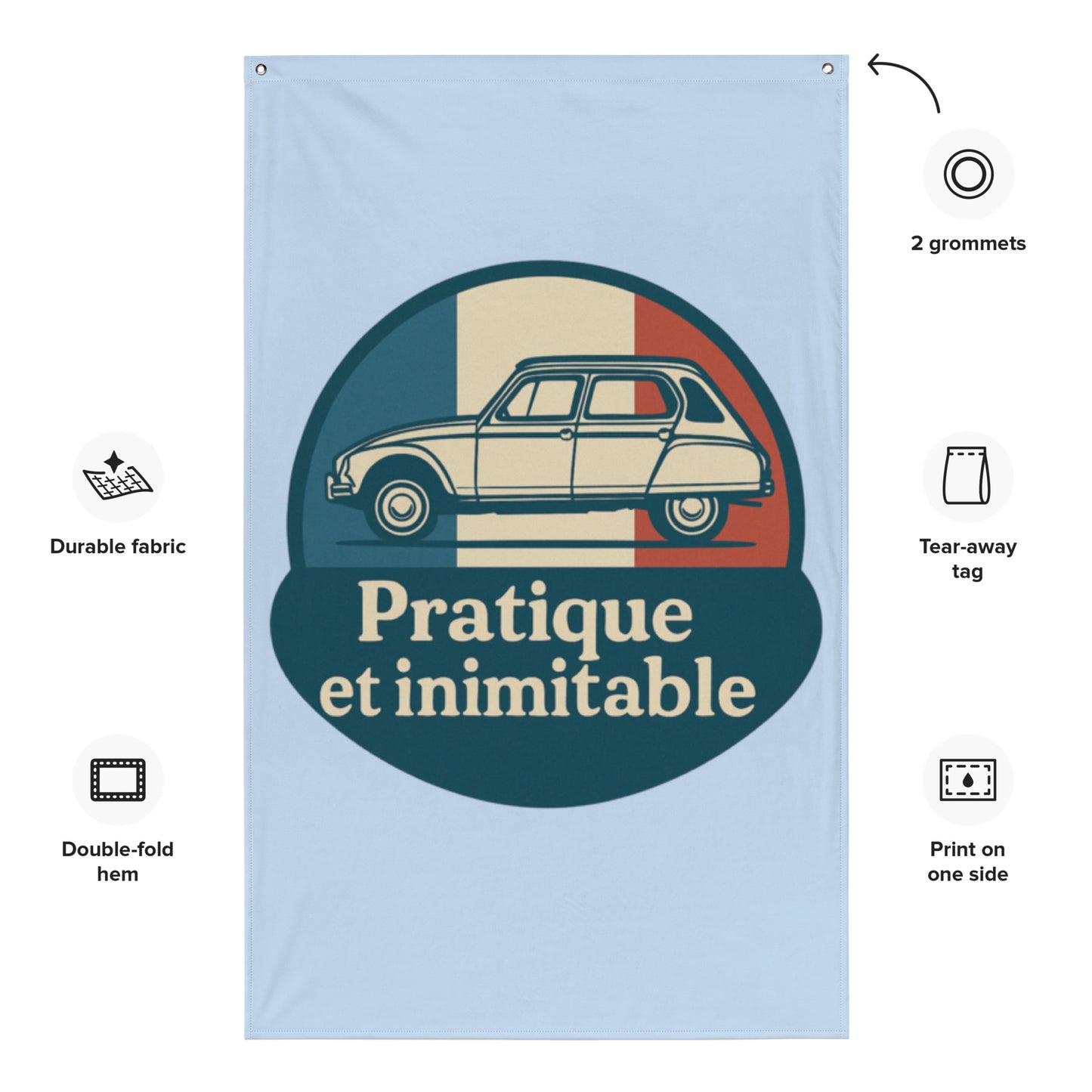 🚘 Banner “Pratique et Inimitable” – Citroën Dyane in French Style for your Wall!