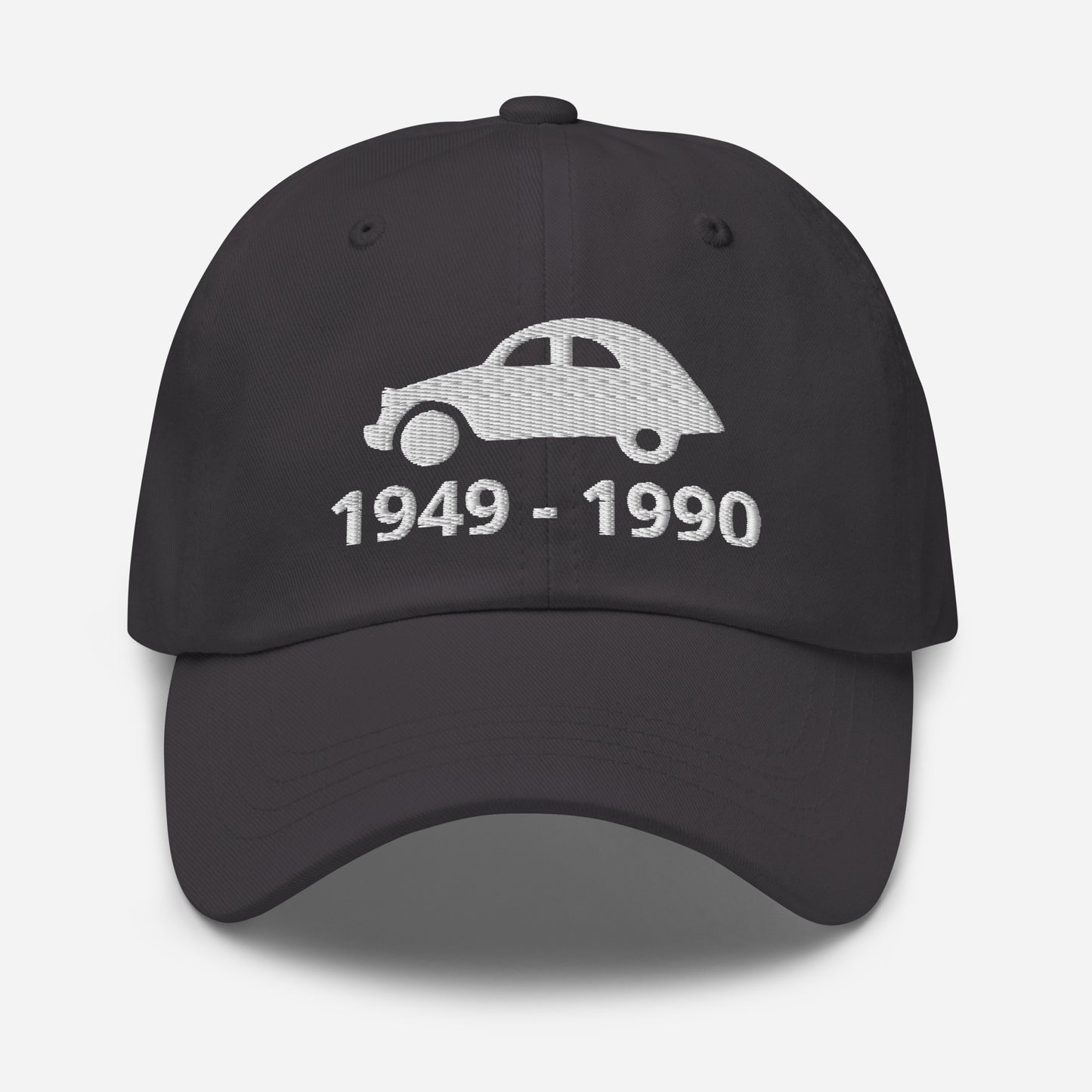 Embroidered Citroën 2cv cap with production period available in Black, Navy, Red, Grey, L.Blue or White