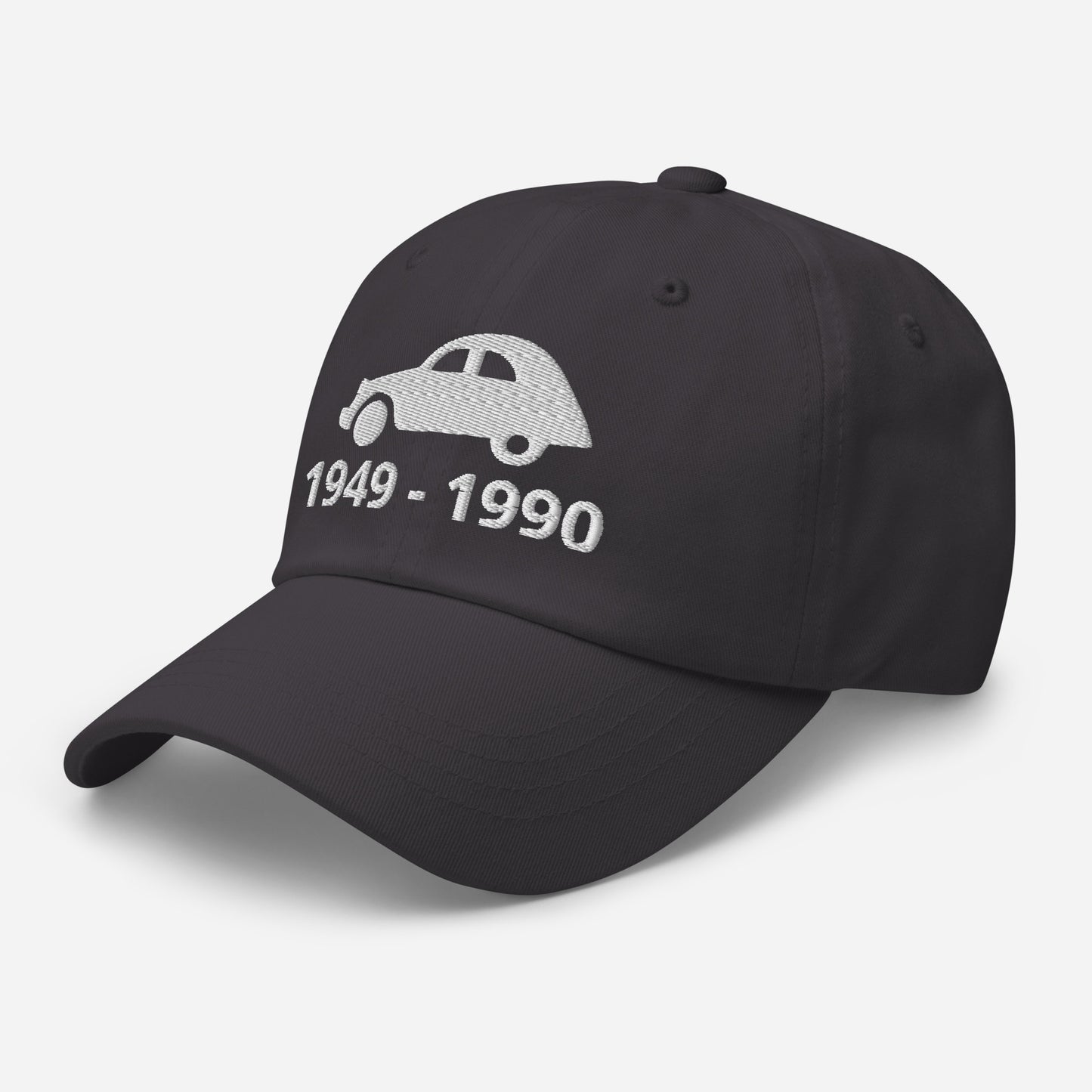 Embroidered Citroën 2cv cap with production period available in Black, Navy, Red, Grey, L.Blue or White