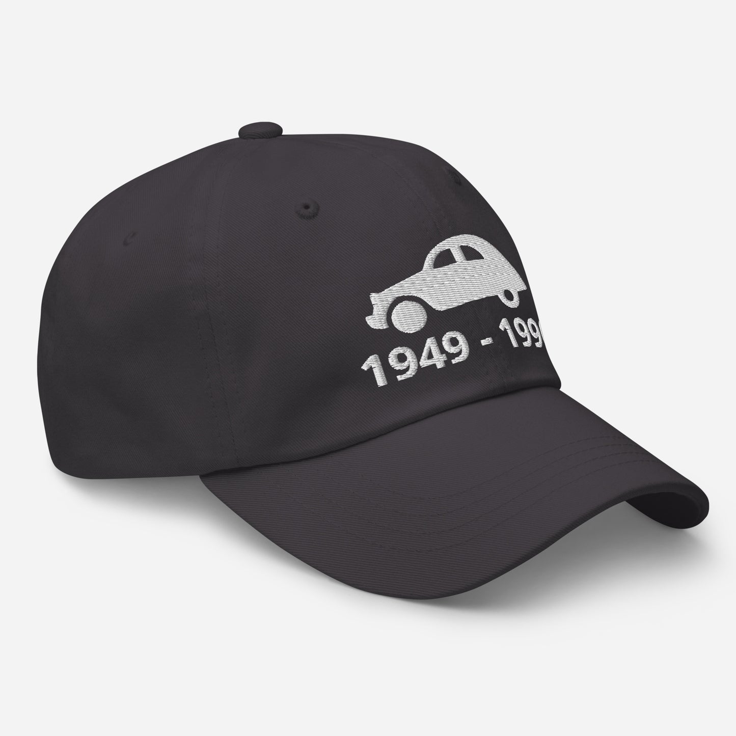 Embroidered Citroën 2cv cap with production period available in Black, Navy, Red, Grey, L.Blue or White