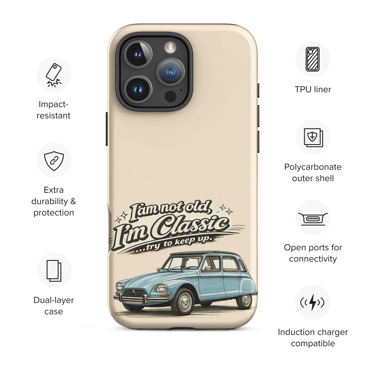 Coque de téléphone iPhone robuste – Illustration vintage Citroën Dyane – Design de voiture classique et double protection