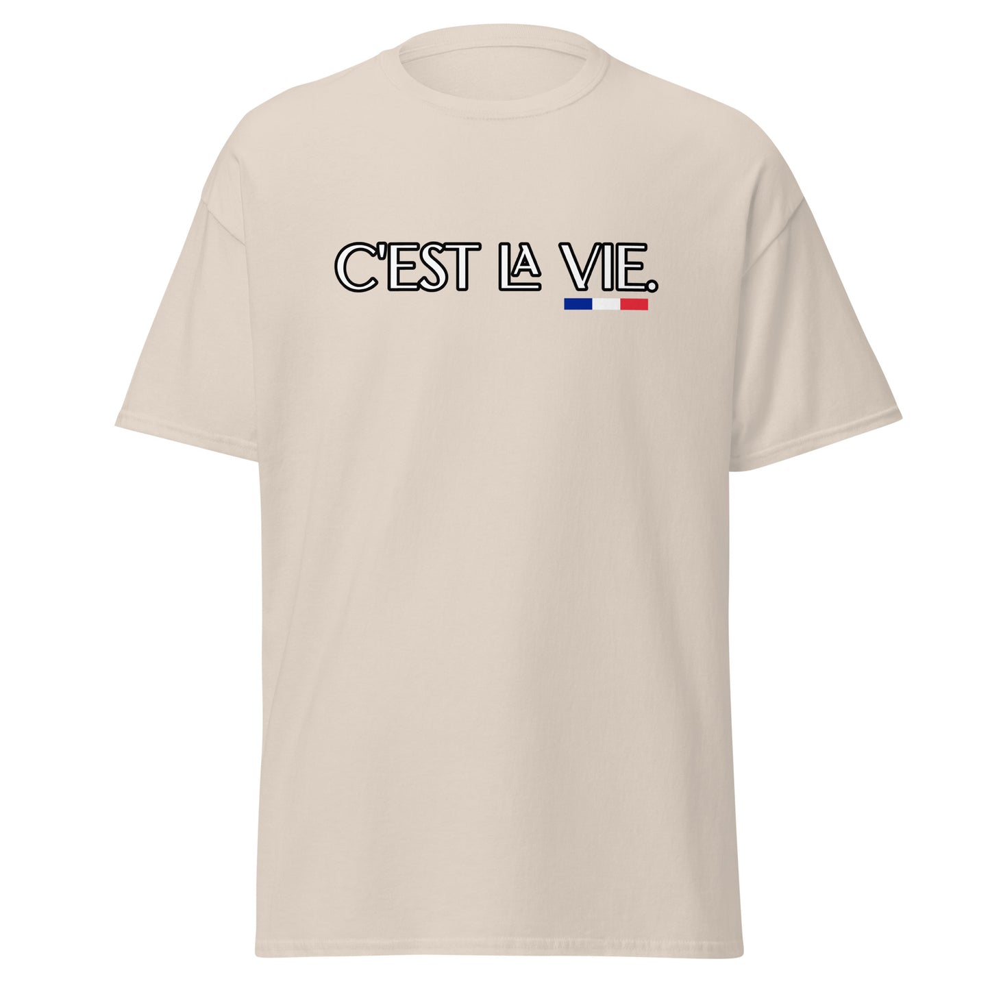 T-shirt unisexe C'est la Vie avec 3 couleurs françaises disponible en Noir, Marine, Naturel, Gris ou Blanc
