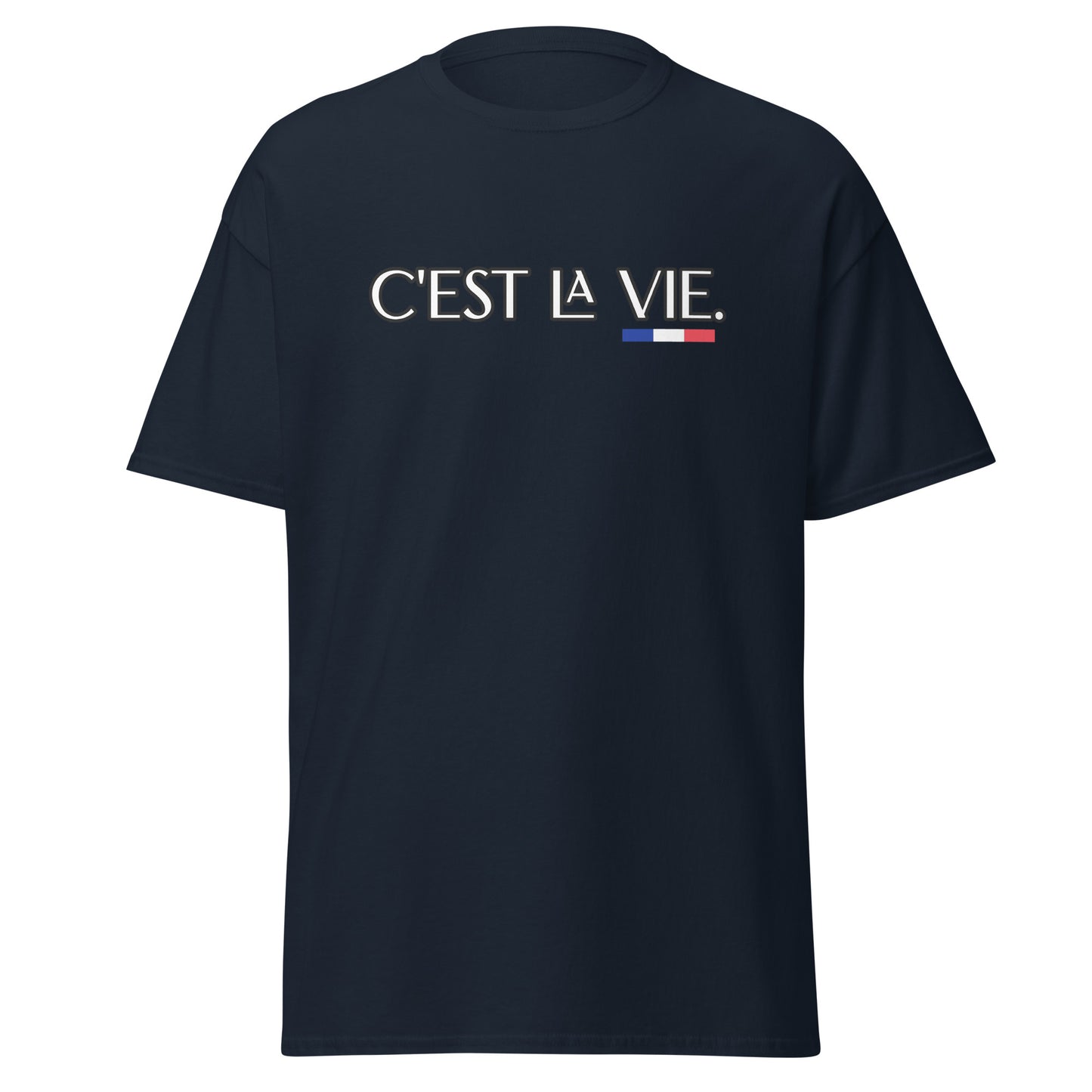 T-shirt unisexe C'est la Vie avec 3 couleurs françaises disponible en Noir, Marine, Naturel, Gris ou Blanc