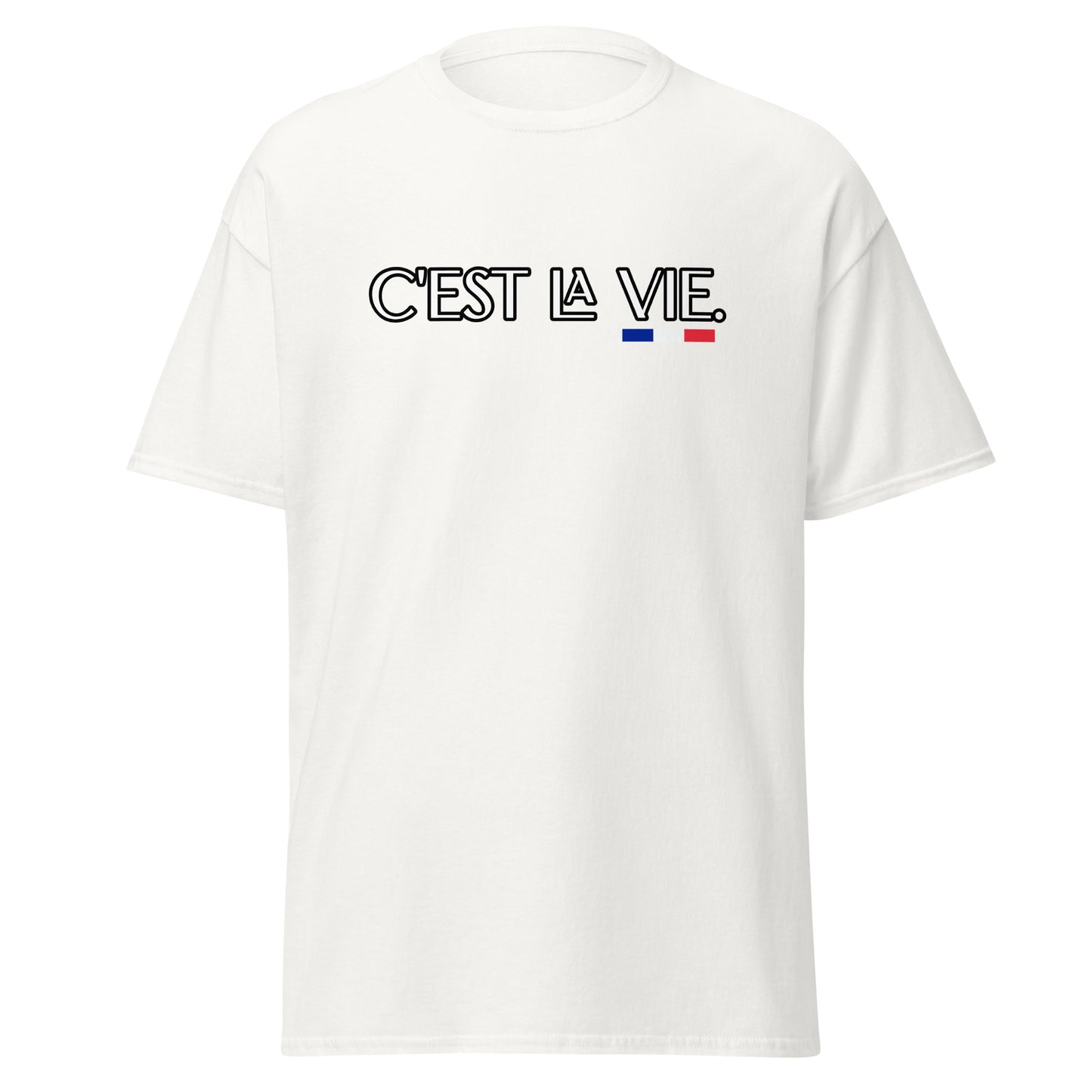 T-shirt unisexe C'est la Vie avec 3 couleurs françaises disponible en Noir, Marine, Naturel, Gris ou Blanc