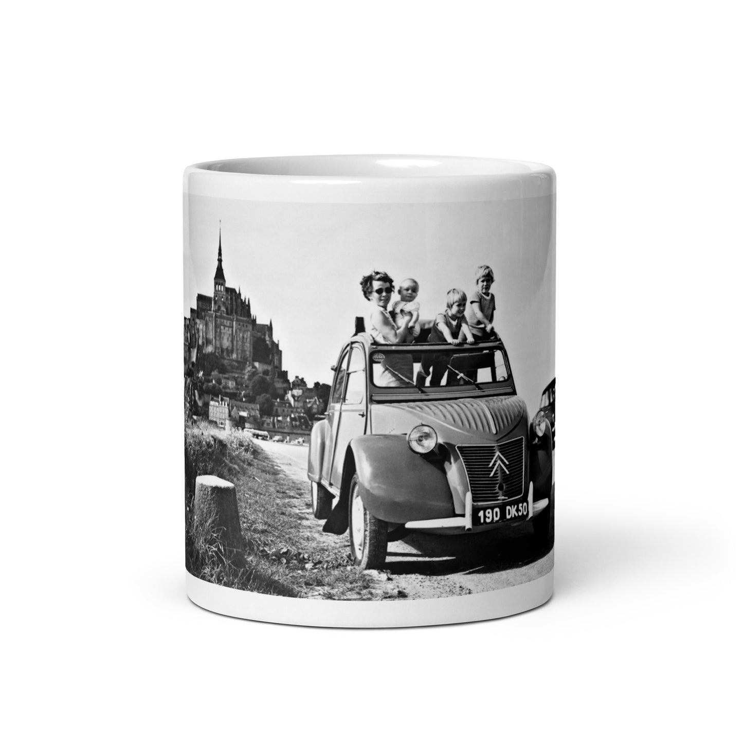Mont Saint Michel with Citroën 2cv White glossy mug available in different sizes