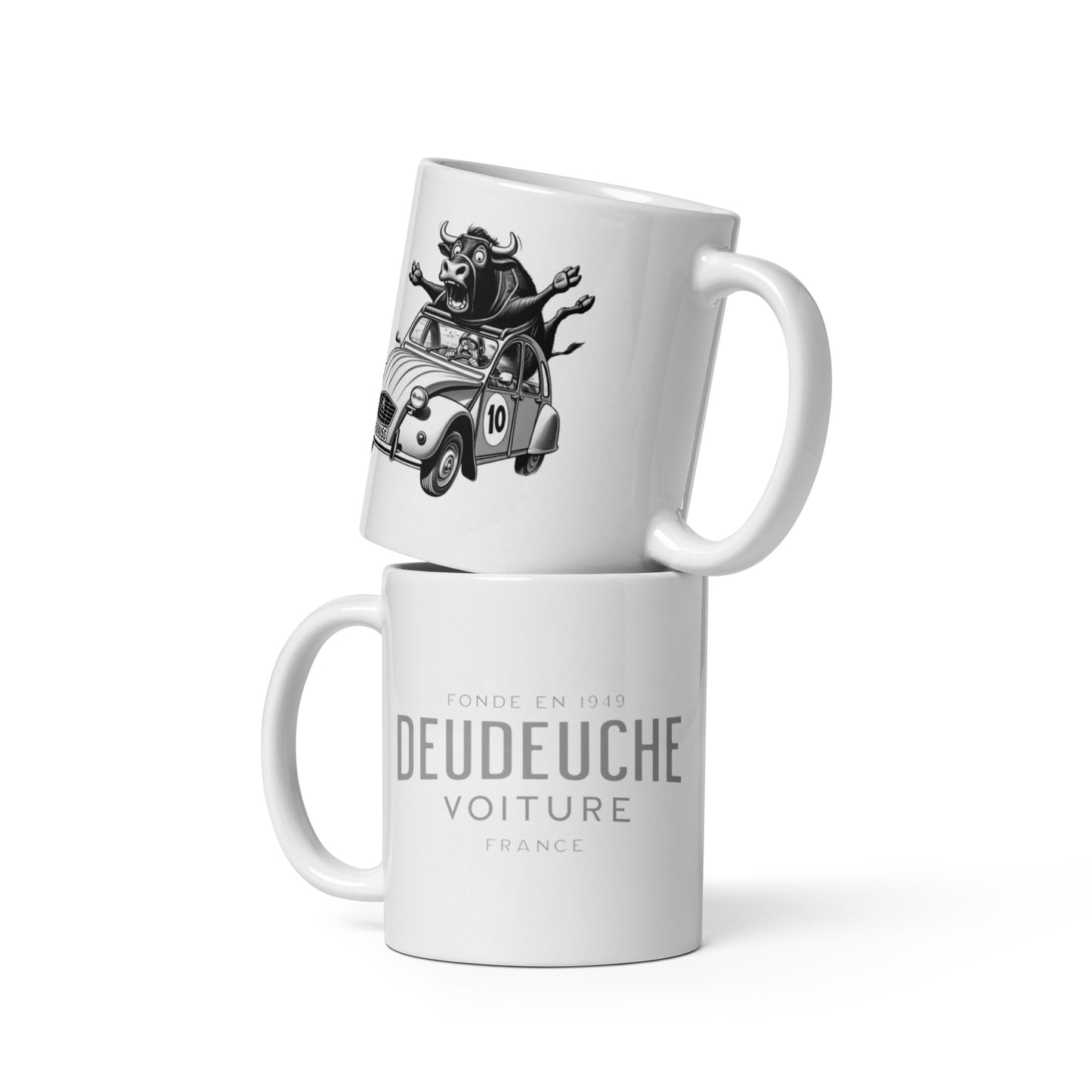 White Glossy Mug Citroën 2CV with Bull | French Humor & Retro Vibes - 300 ml