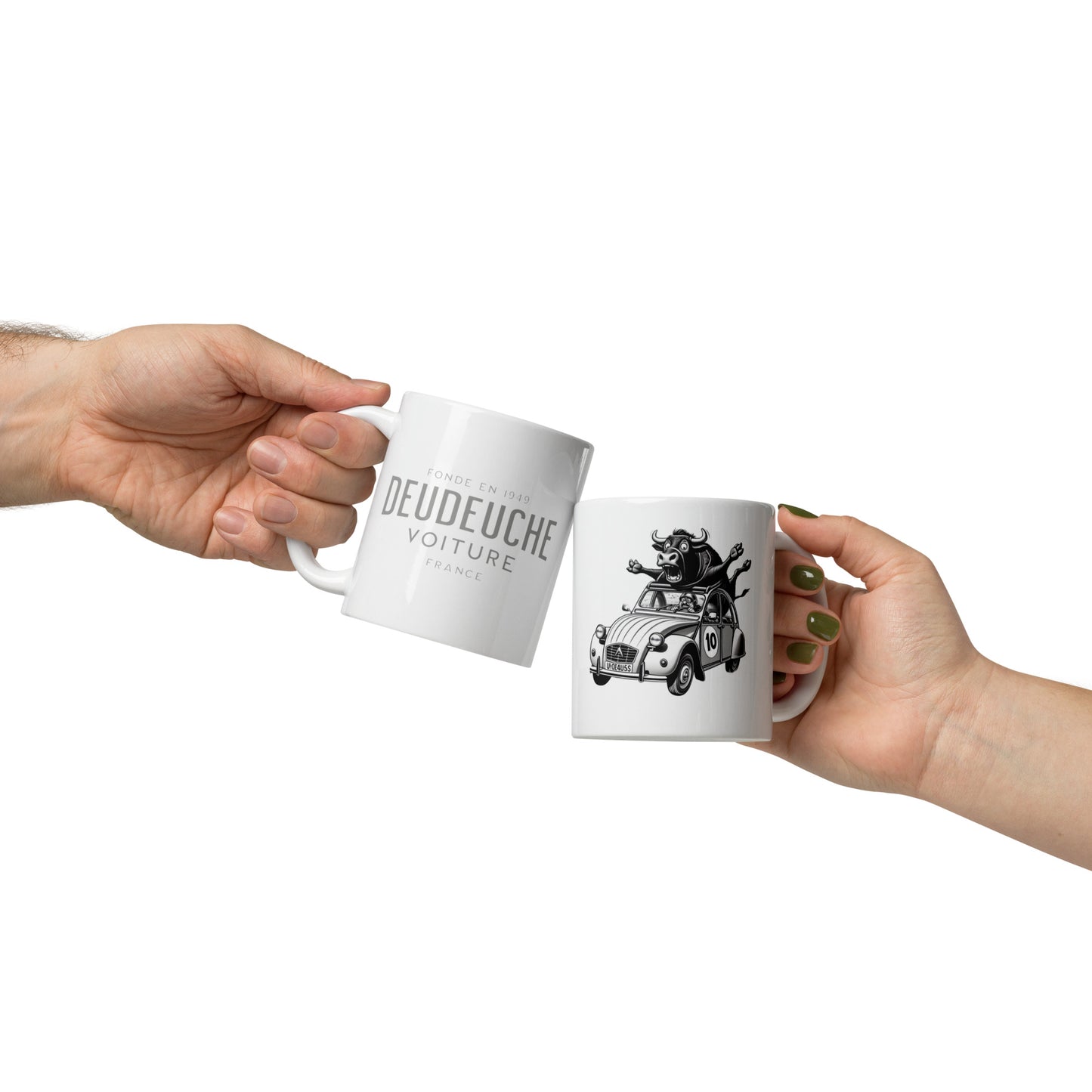 White Glossy Mug Citroën 2CV with Bull | French Humor & Retro Vibes - 300 ml