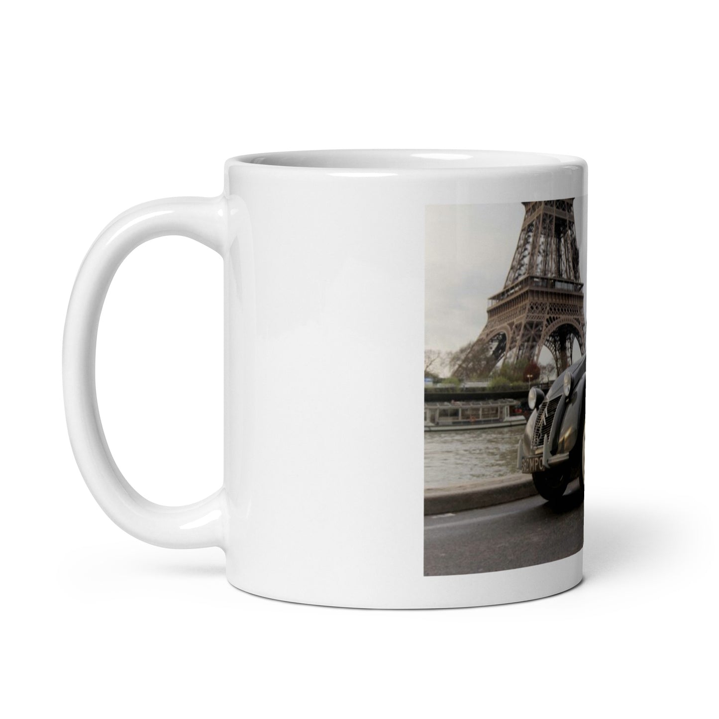 1954 2cv with Eiffel Tower in the background mug available in different sizes