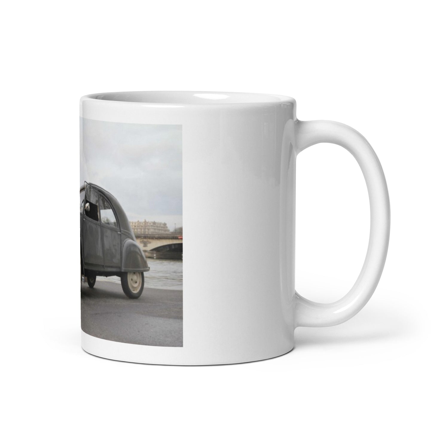 1954 2cv with Eiffel Tower in the background mug available in different sizes