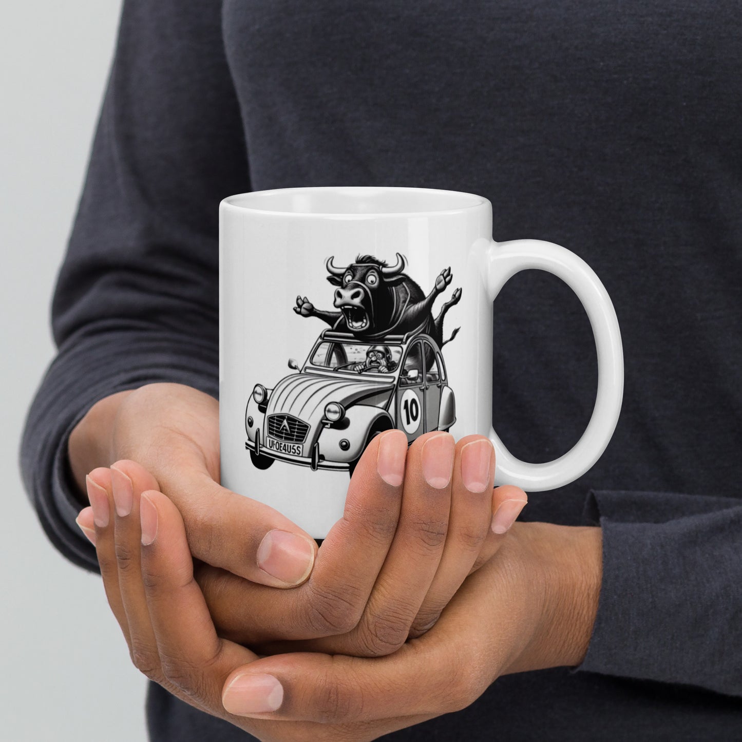 White Glossy Mug Citroën 2CV with Bull | French Humor & Retro Vibes - 300 ml