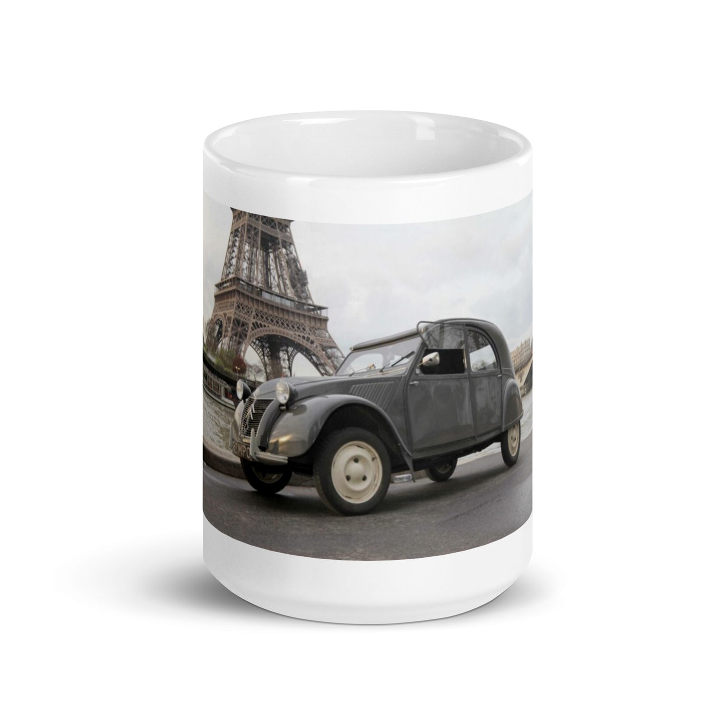1954 2cv with Eiffel Tower in the background mug available in different sizes