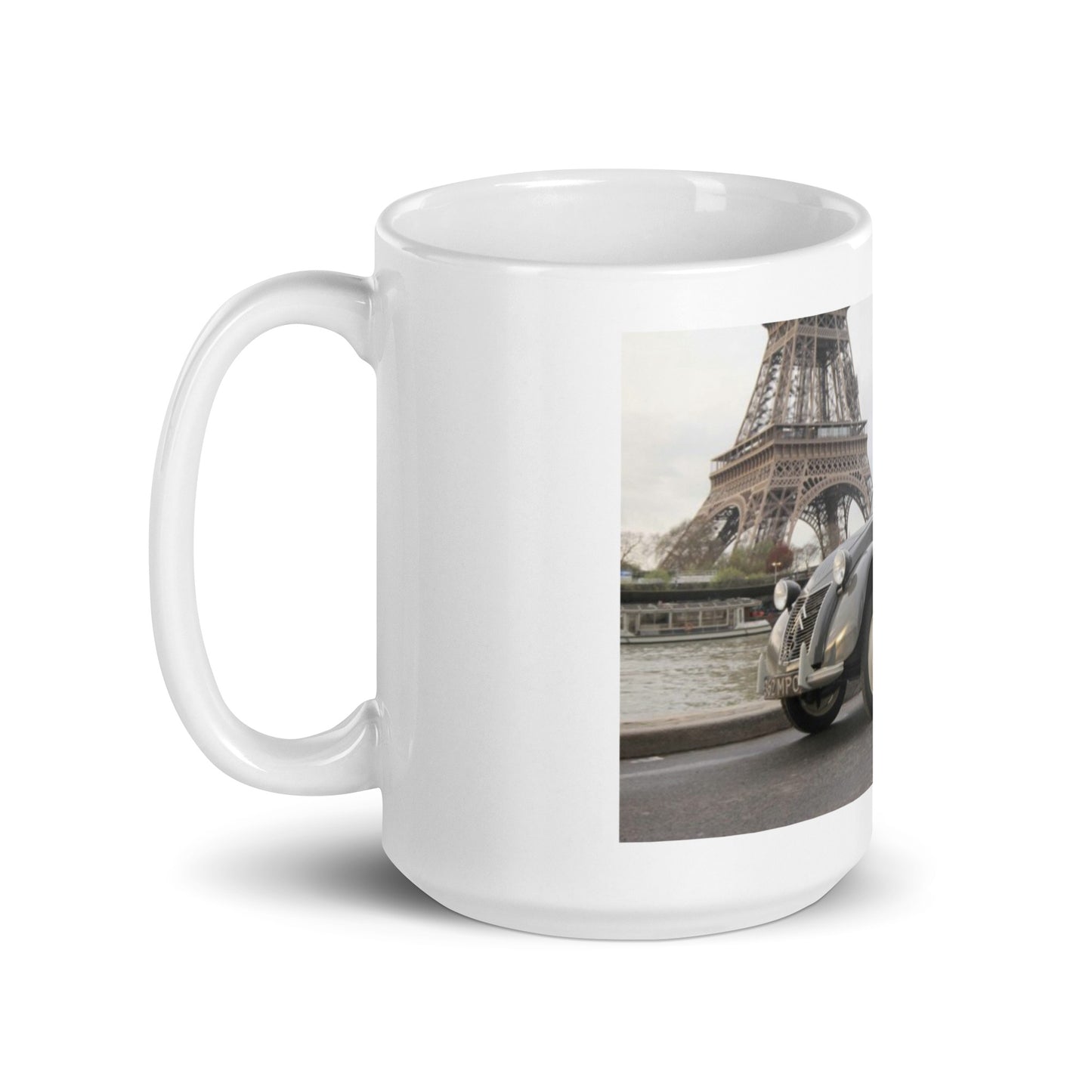1954 2cv with Eiffel Tower in the background mug available in different sizes