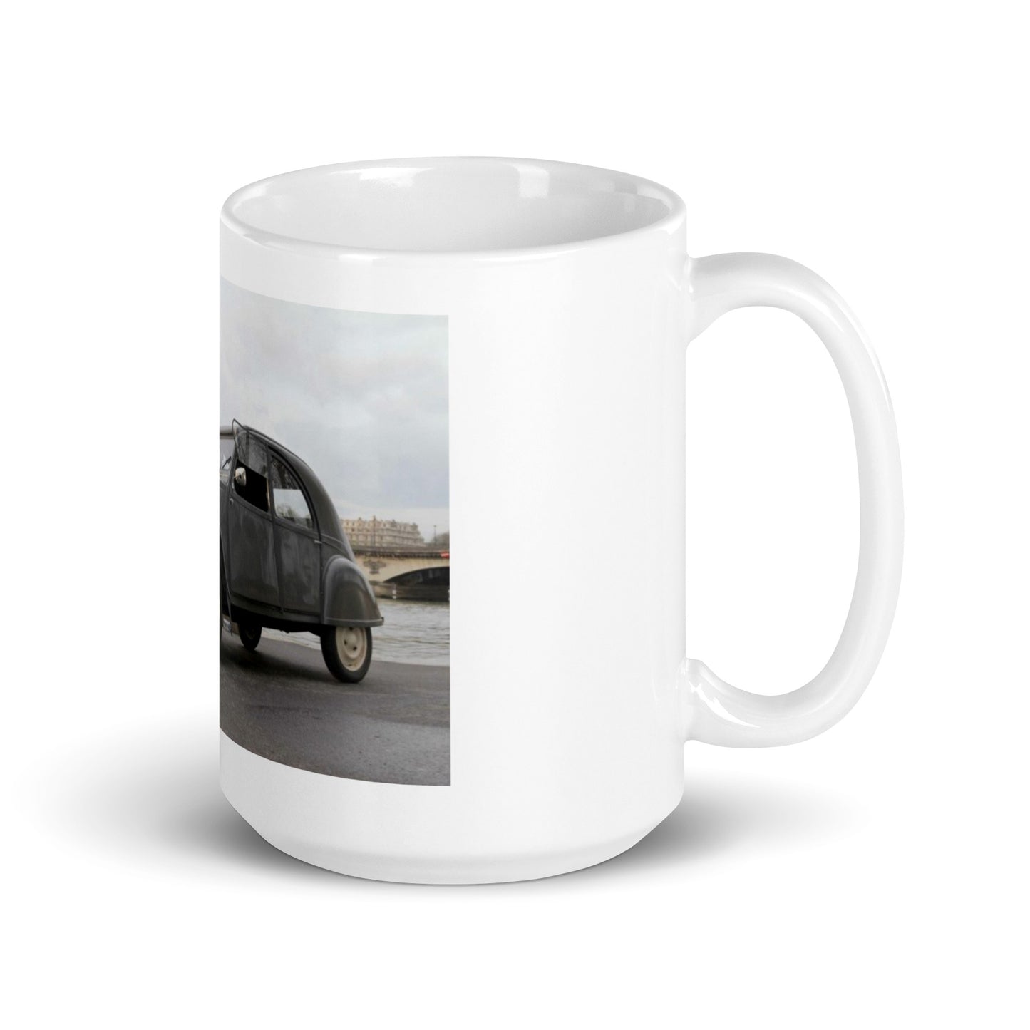 1954 2cv with Eiffel Tower in the background mug available in different sizes