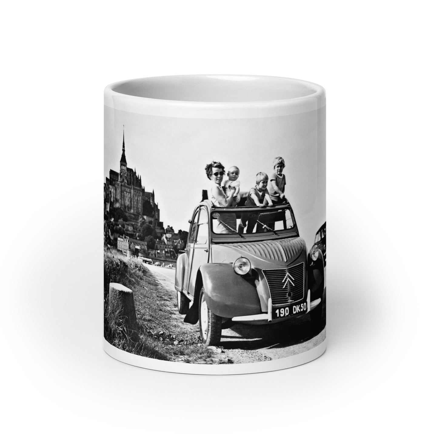 Mont Saint Michel with Citroën 2cv White glossy mug available in different sizes