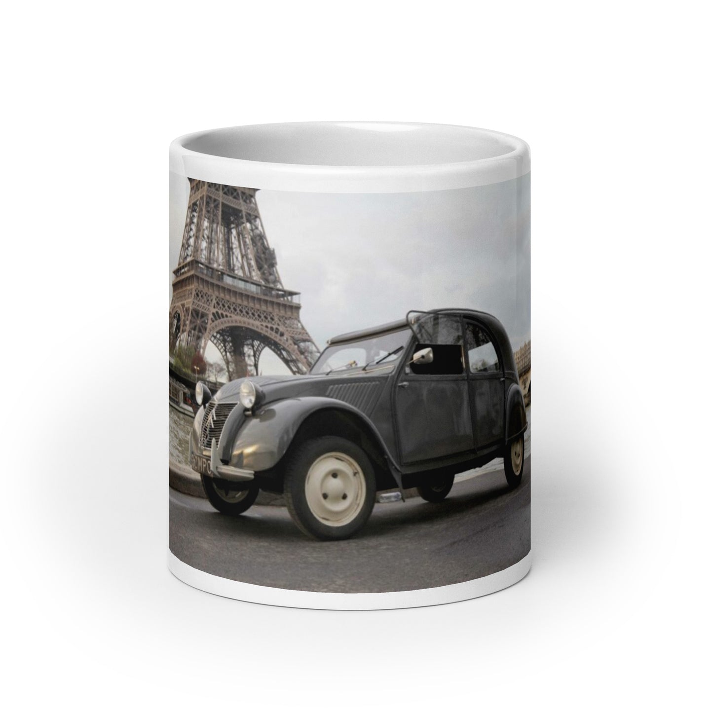 1954 2cv with Eiffel Tower in the background mug available in different sizes