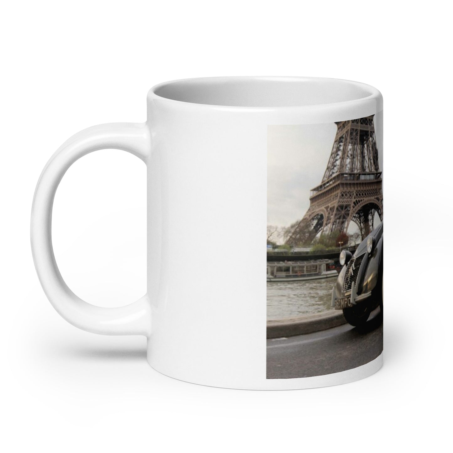 1954 2cv with Eiffel Tower in the background mug available in different sizes