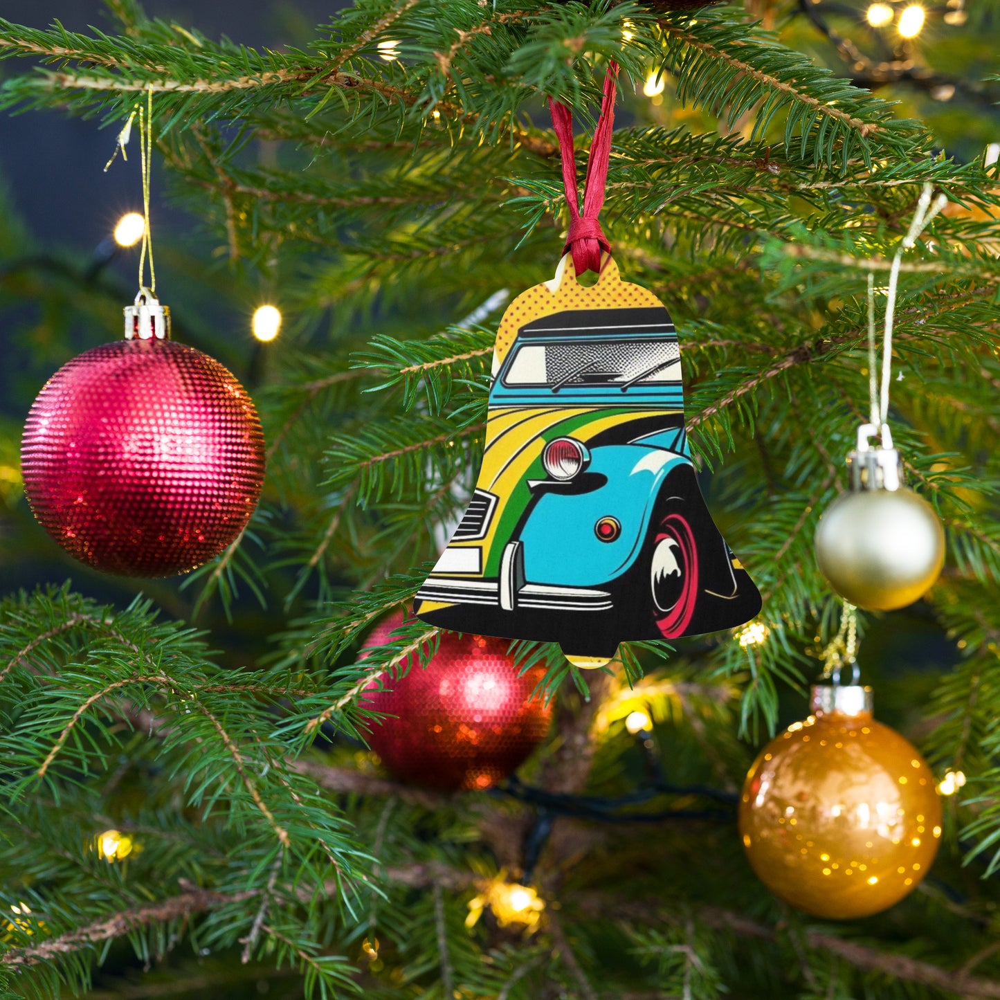 Décoration de Noël en bois – Design de voiture rétro dans un style pop-art