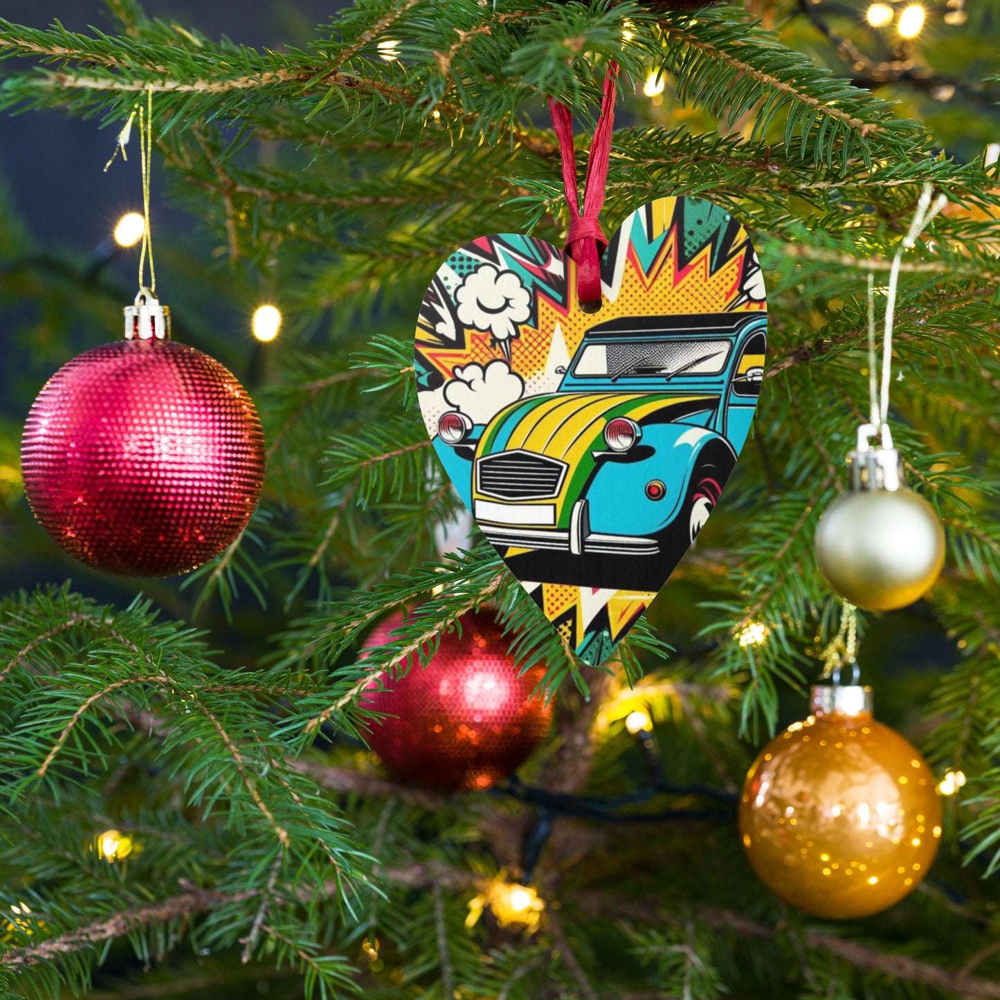 Décoration de Noël en bois – Design de voiture rétro dans un style pop-art