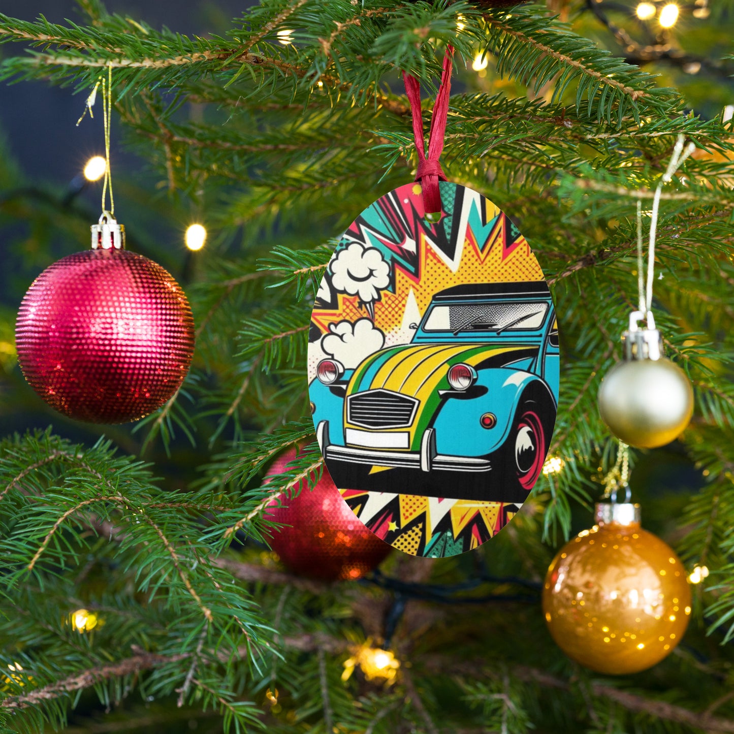 Décoration de Noël en bois – Design de voiture rétro dans un style pop-art