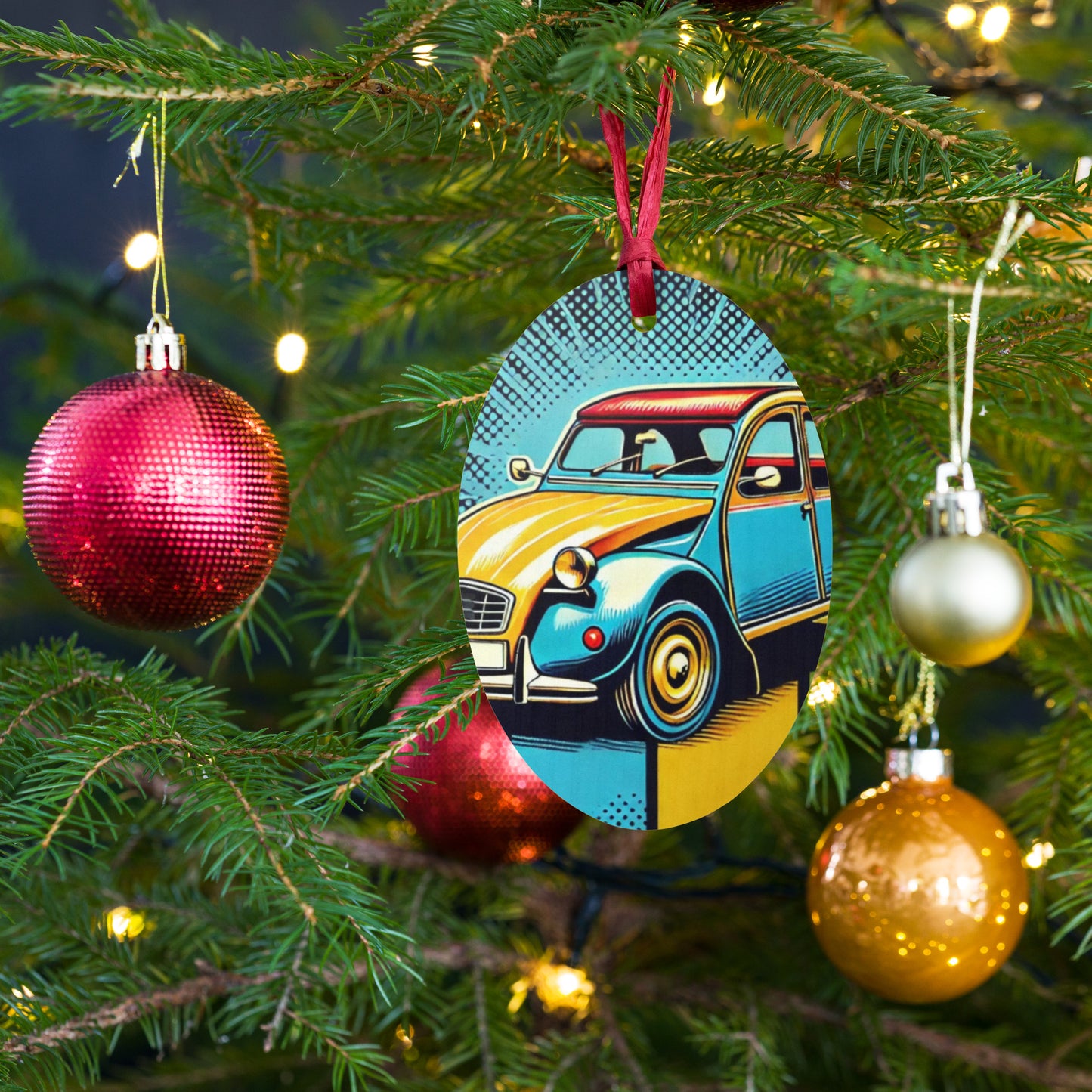 Wooden Christmas ornament – Citroën 2CV in Pop Art Style
