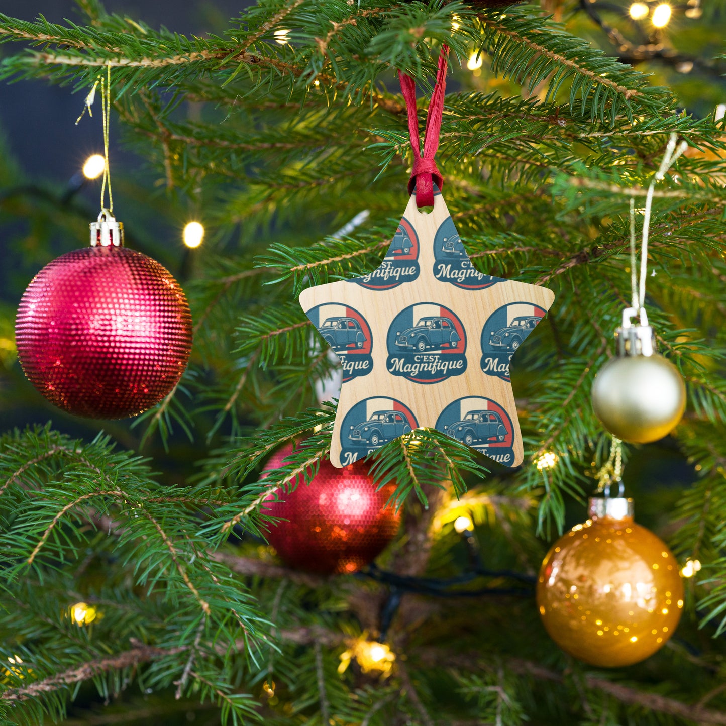 🎄 Wooden Christmas ornament "C'est Magnifique" | Citroën 2CV Design