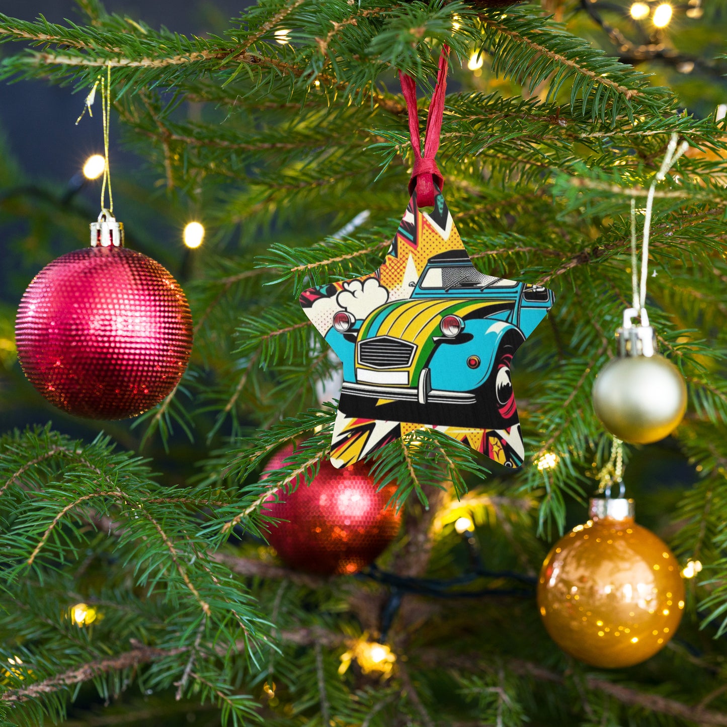 Décoration de Noël en bois – Design de voiture rétro dans un style pop-art