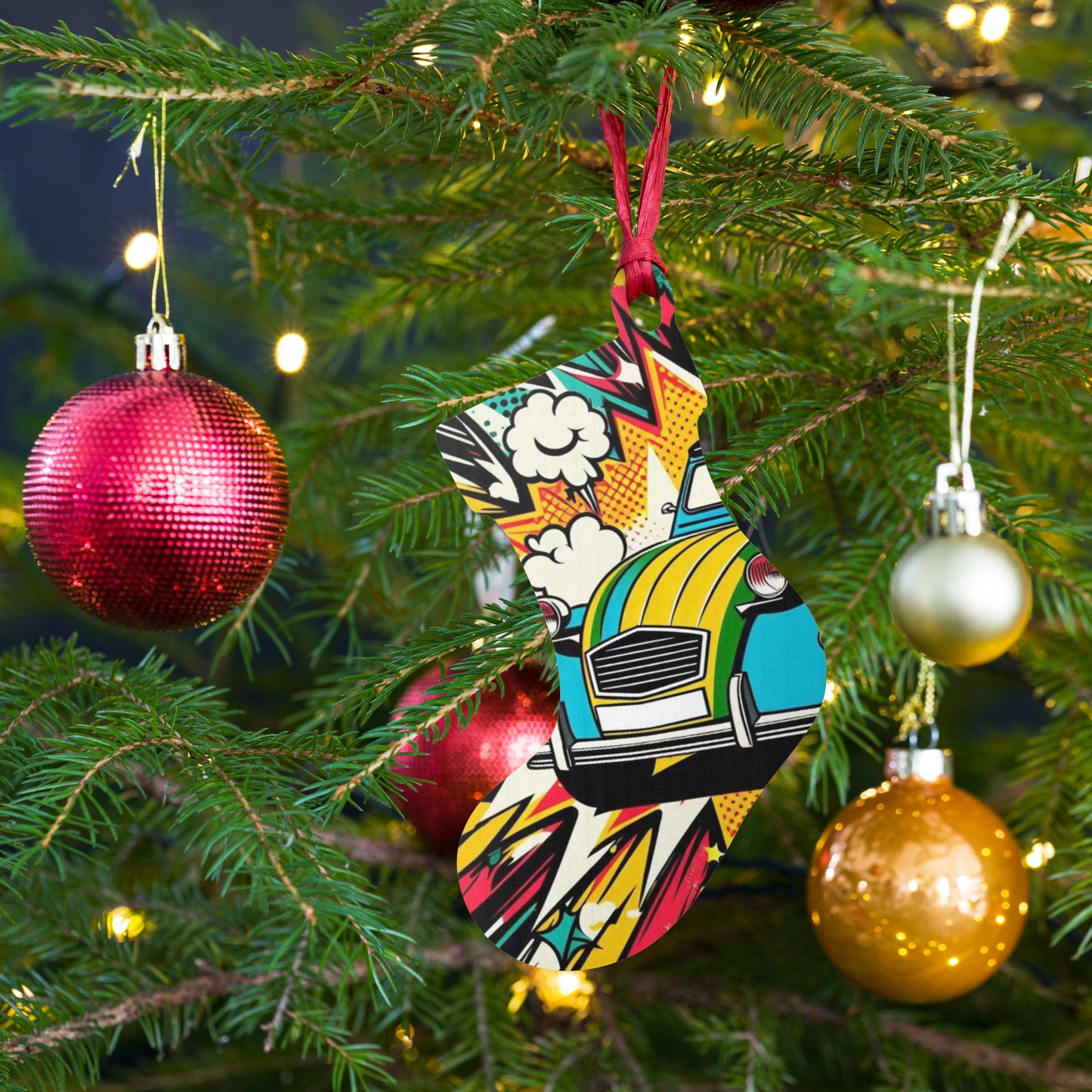 Décoration de Noël en bois – Design de voiture rétro dans un style pop-art