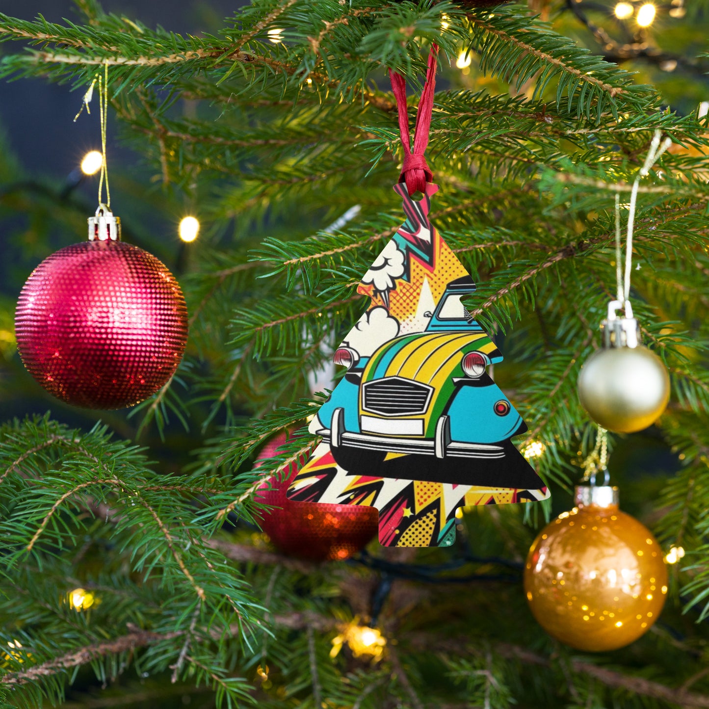 Décoration de Noël en bois – Design de voiture rétro dans un style pop-art