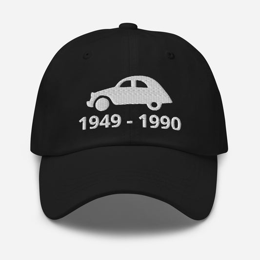 Embroidered Citroën 2cv cap with production period available in Black, Navy, Red, Grey, L.Blue or White