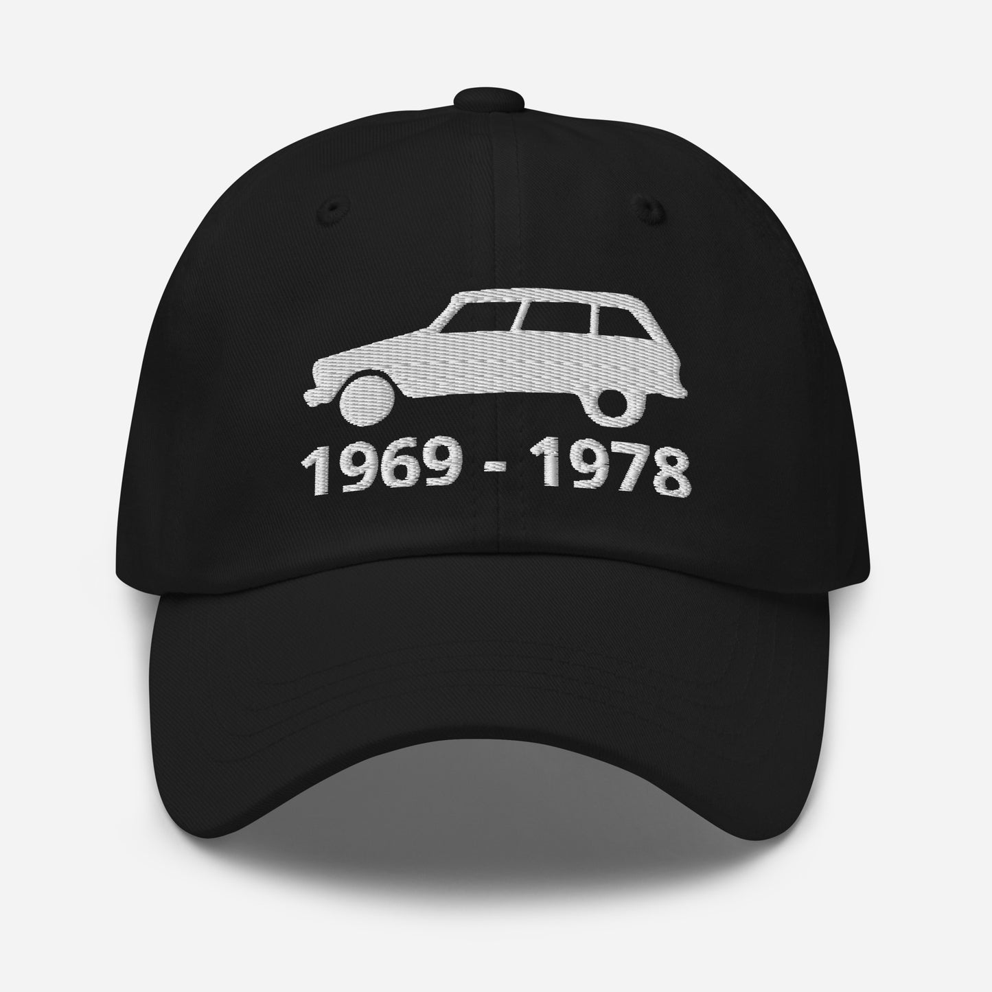 Embroidered Citroën Ami8 cap with production period available in Black, Red, Grey, Khaki, L.Blue or White