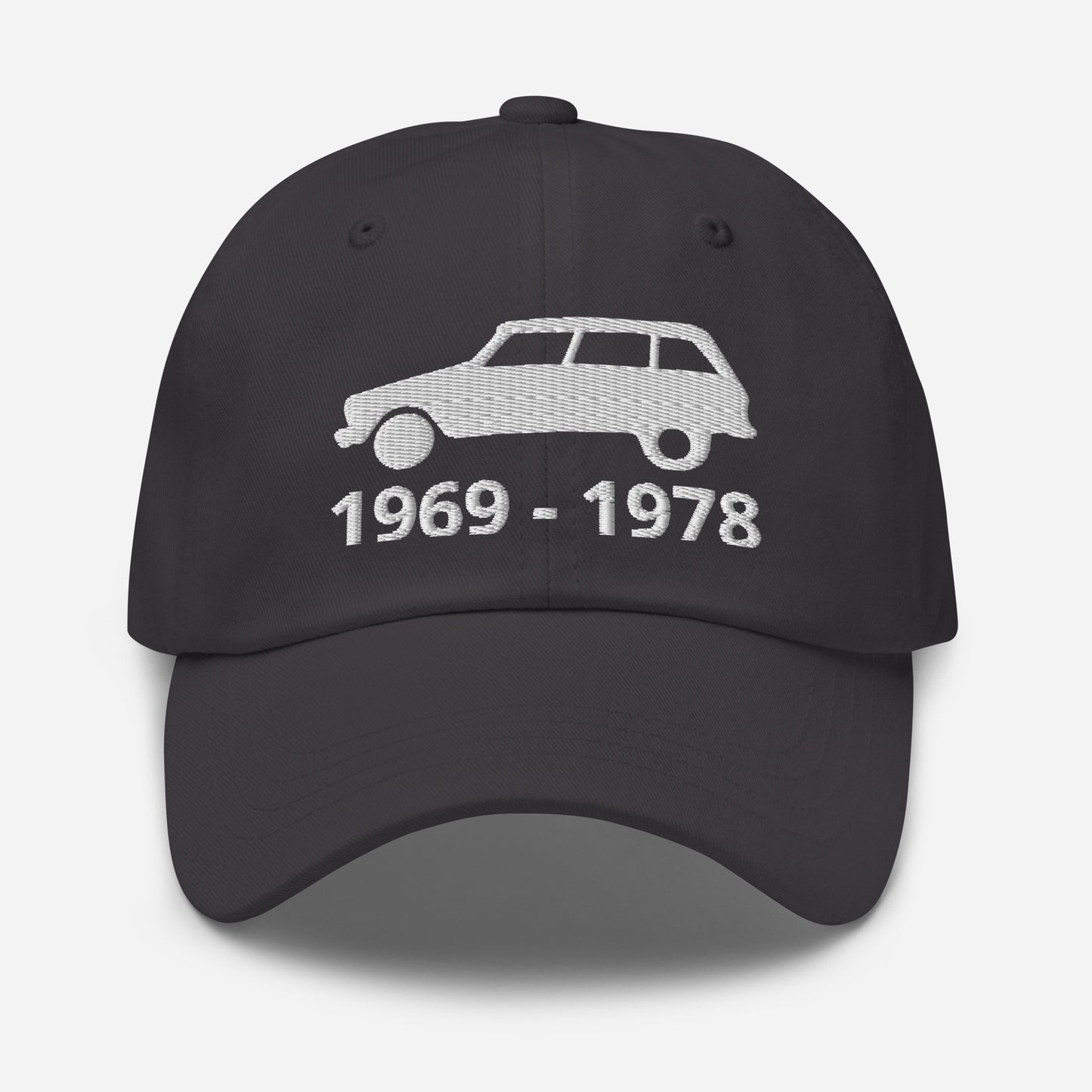 Embroidered Citroën Ami8 cap with production period available in Black, Red, Grey, Khaki, L.Blue or White