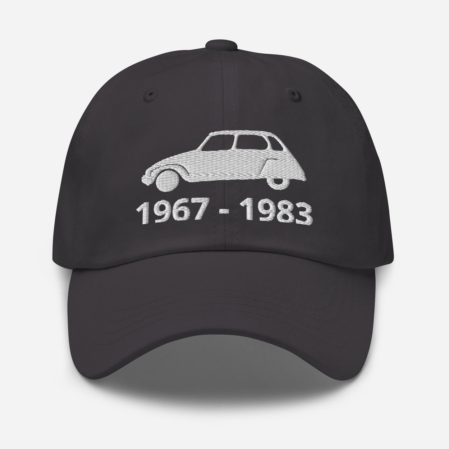 Embroidered Citroën Dyane cap with production period available in Black, Red, Grey, Khaki, L.Blue or White