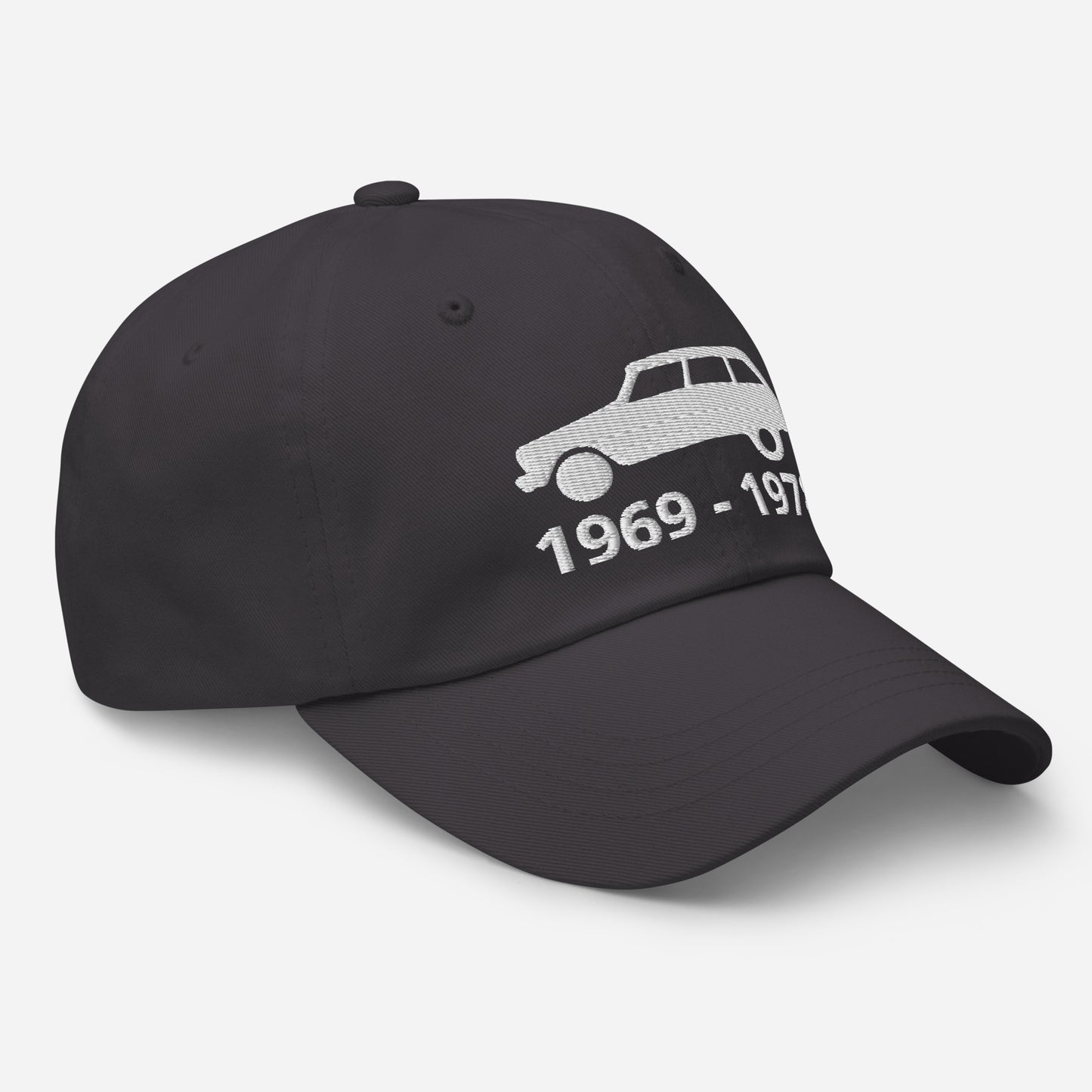 Embroidered Citroën Ami8 cap with production period available in Black, Red, Grey, Khaki, L.Blue or White