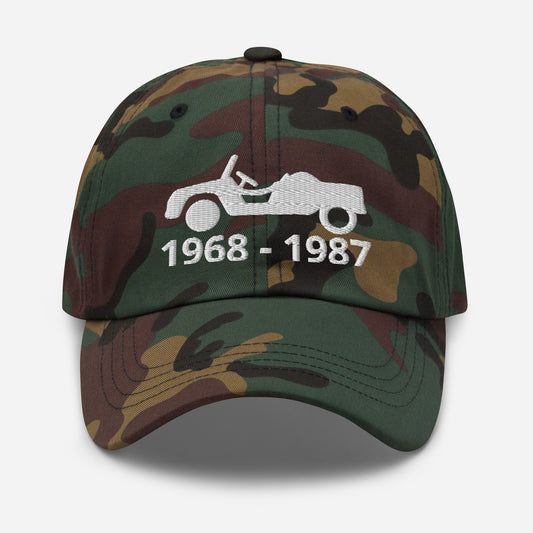 Embroidered Citroën Méhari cap with production period available in Black, Red, Grey, Camo, Khaki, L.Blue or White