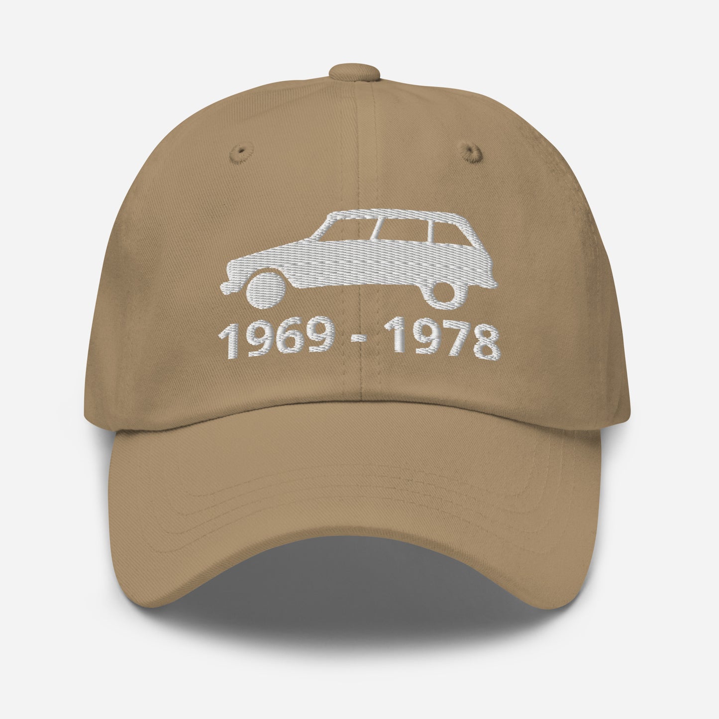 Embroidered Citroën Ami8 cap with production period available in Black, Red, Grey, Khaki, L.Blue or White