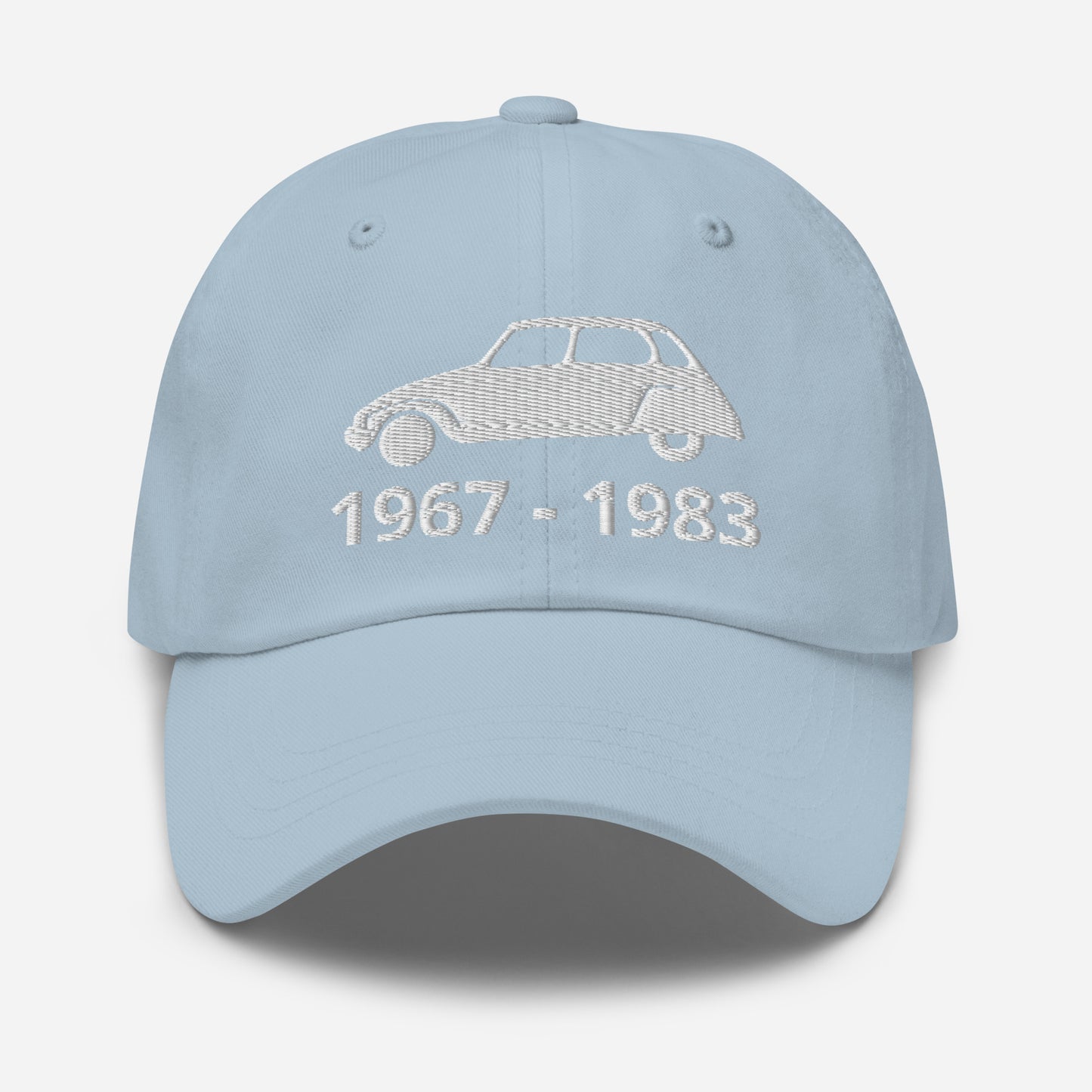 Embroidered Citroën Dyane cap with production period available in Black, Red, Grey, Khaki, L.Blue or White